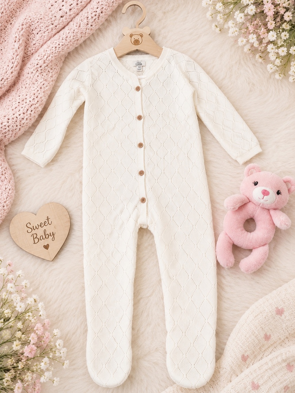 L'ovedbaby Cream Knit Footie One-Piece with Button Front